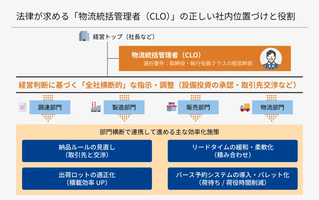 法律が求める「物流統括管理者(CLO)」の正しい社内位置づけと役割を示す図。経営トップとCLOの下に「調達部門」「製造部門」「販売部門」「物流部門」が並列で配置され、全社横断的な指示系統が示されています。最下部には、部門横断で連携して進める主な効率化施策として「納品ルールの見直し(取引先と交渉)」「リードタイムの緩和・柔軟化(積み合わせ)」「出荷ロットの適正化(積載効率UP)」「バース予約システムの導入・パレット化(荷待ち/荷役時間削減)」の4つが、1つの統合された共有領域に整理して描かれています。